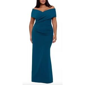 Betsy & Adam Teal Off-Shoulder Gown